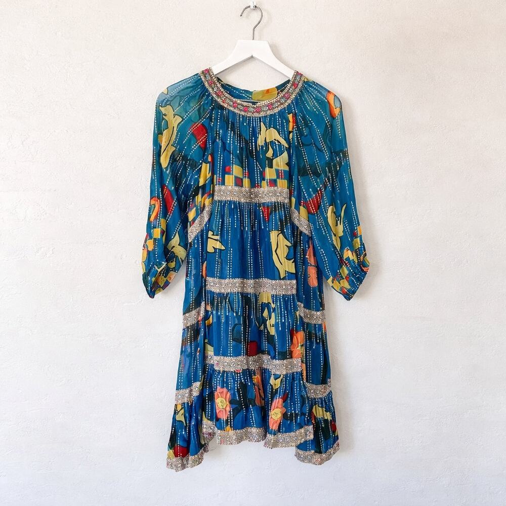 Verb Pallavi Singhee Eulalia Blue Shimmer Tunic Dress 4 Boho Metallic Anthro - Picture 2 of 6